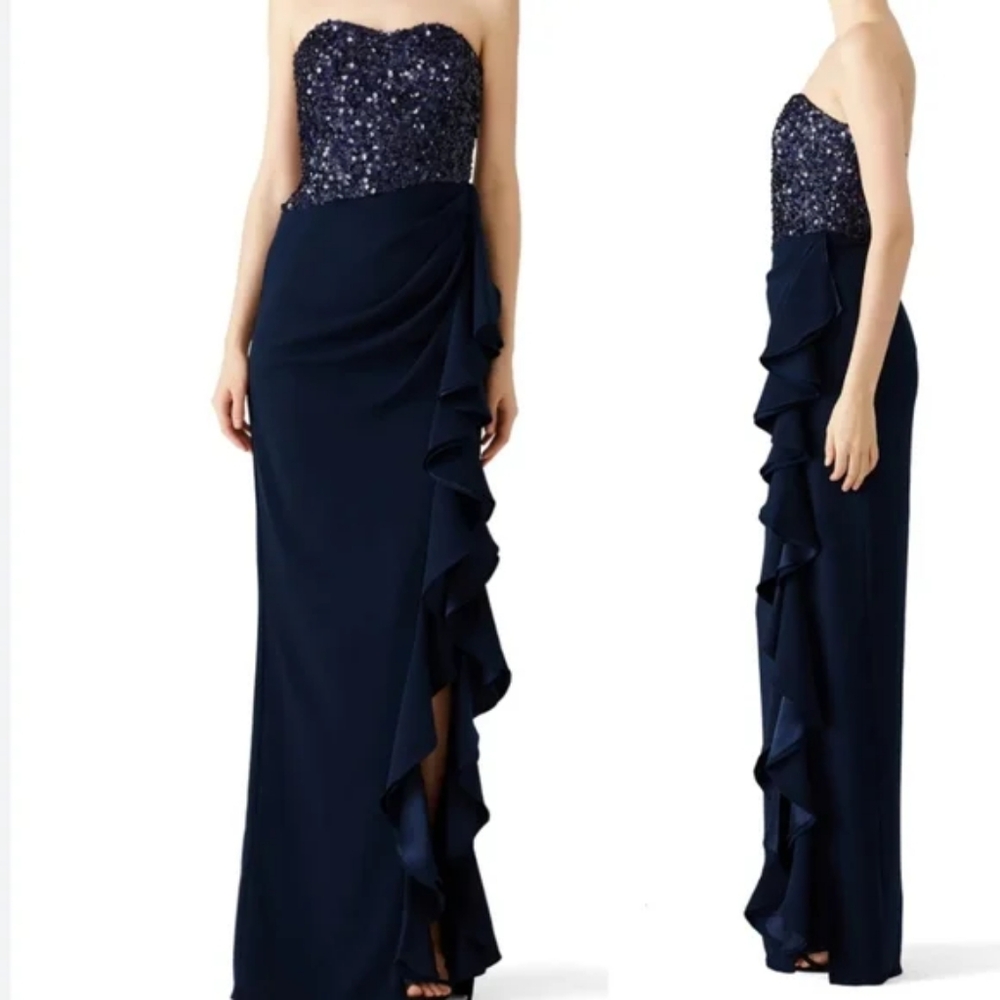 Badgley Mischka Navy Blue Strapless Sequins Ruffle Long Gown Dress Size 12 - Picture 9 of 16